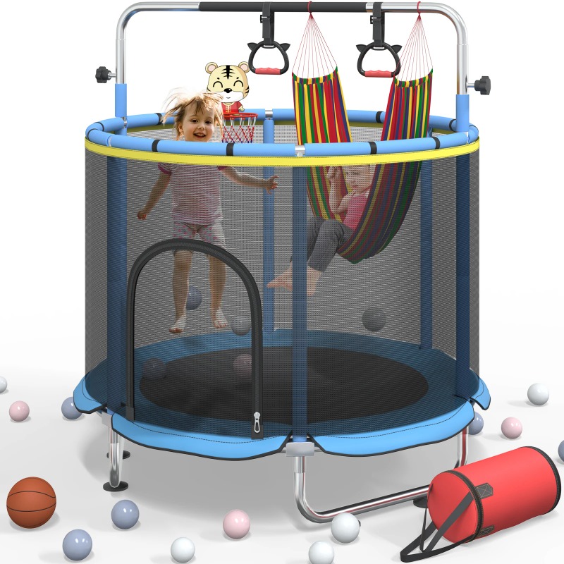 Basketball Hoop Kids Indoor - 5フィート幼児用トランポリン 8in1 キッズミニトランポリン バスケットボールフープ付き スイングハンモック 室内屋外遊び