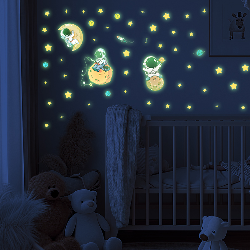 Glow In Dark Stars - 宇宙飛行士と月をテーマにした明るいウォールステッカー,男の子の寝室,暗闇で光る,星,輝く,DIY,保育園の装飾