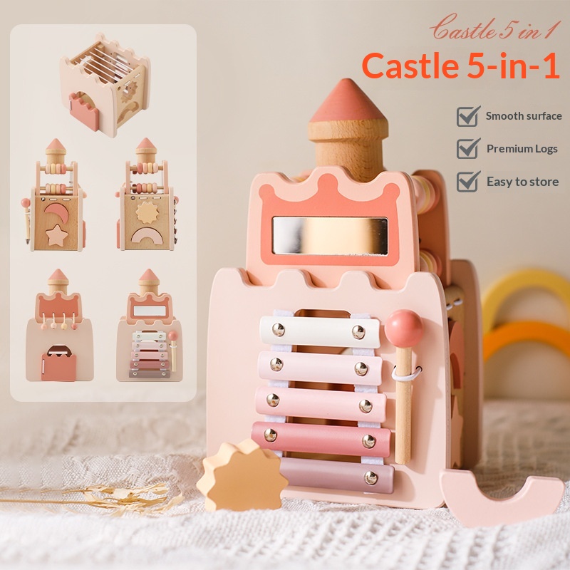 Kids Toys Xylophone - 木製キャッスル5in1アクティビティキューブ知育玩具幼児向けシェイプマッチングシロフォンビーズ迷路プルストリングモンテッソーリおもちゃ子供向け