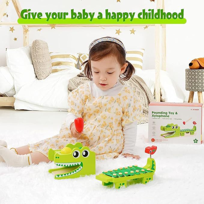 Kids Toys Xylophone - モンテッソーリ木製ワニ型シロフォンおもちゃ、ボールノックハンマーゲーム、幼児教育用楽器、未就学児向け