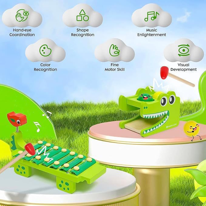 モンテッソーリ木製ワニ型シロフォンおもちゃ、ボールノックハン - Kids Toys Xylophone のレビューと価格